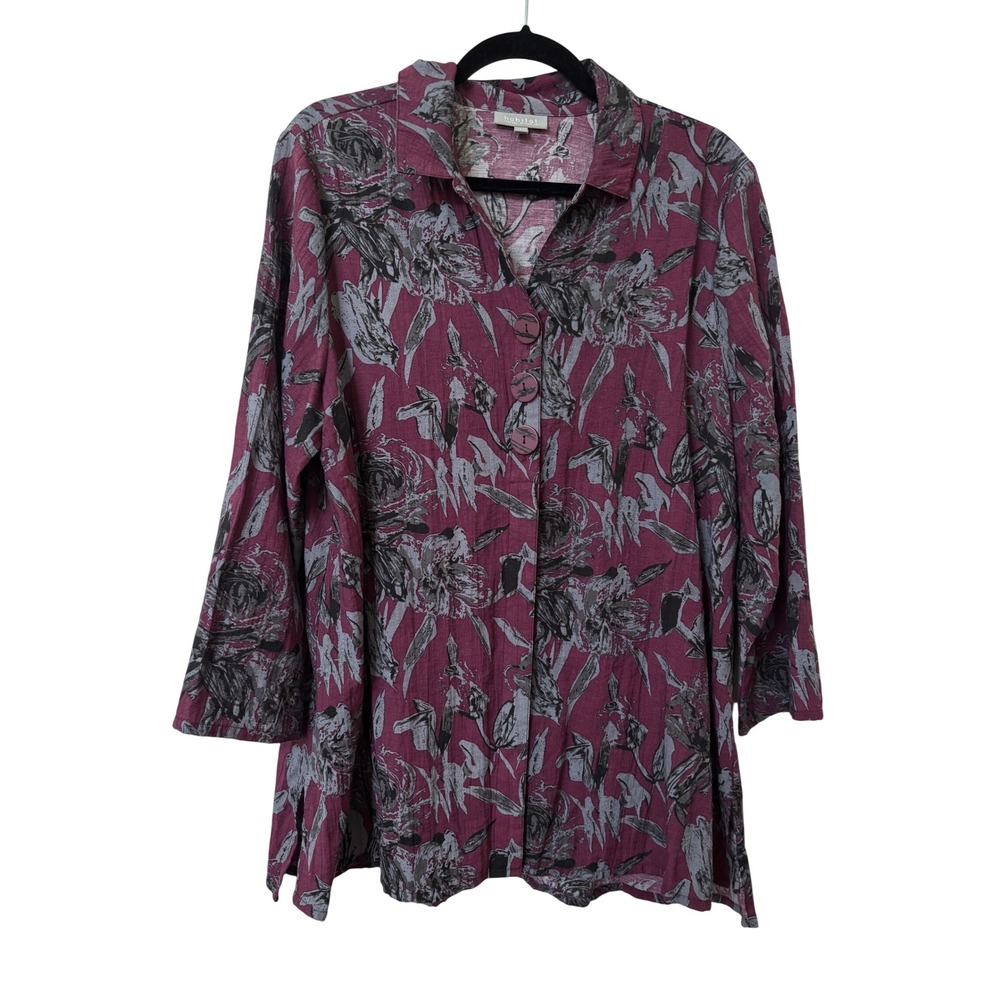 Habitat Clothes To Live In Womens Plum Floral Linen Blend Button Top 33036 L